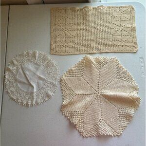 Vintage 3 Handmade Crochet Doilies Cream Color Rectangular & Round Shapes